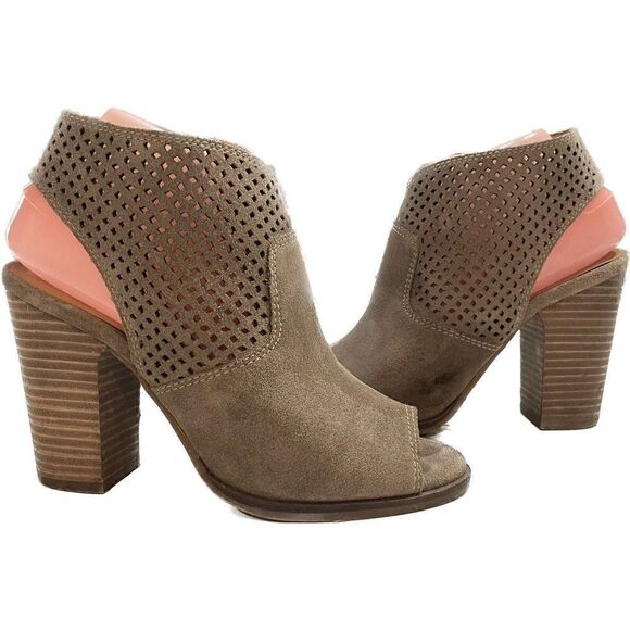 Lucky Brand Tan  Suede Ankle Boots Booties  Stacked Heel Open Toe Women Size 7 - Picture 1 of 6
